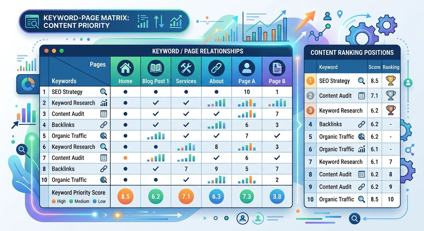 Screenshot of a keyword mapping spreadsheet with color-coded priority scores
