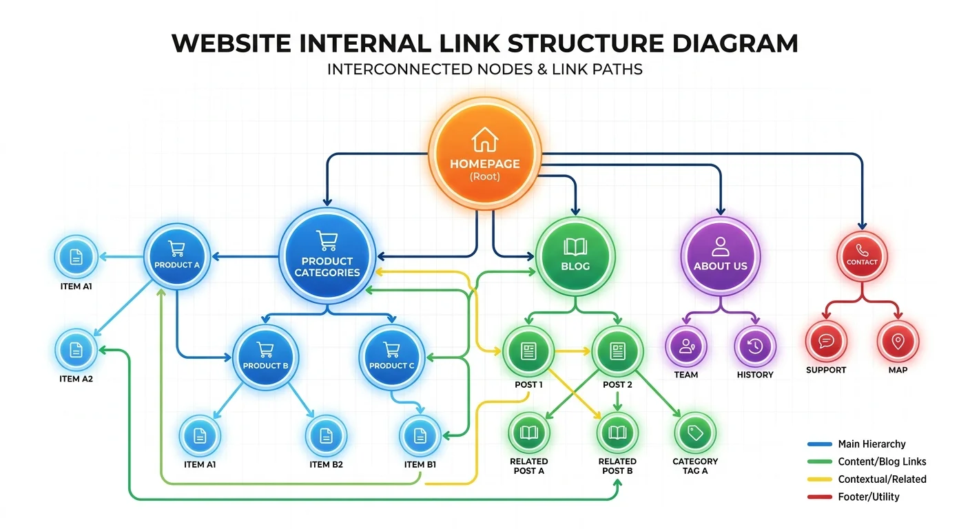 Diagram of a website internal link structure showing interconnected page nodes