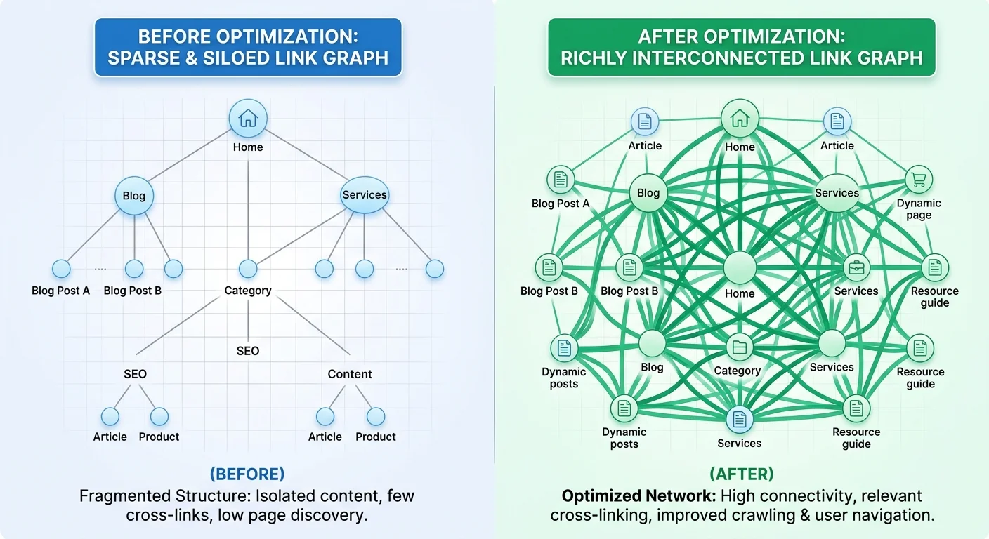 Before and after internal link optimization comparison showing improved page interconnections