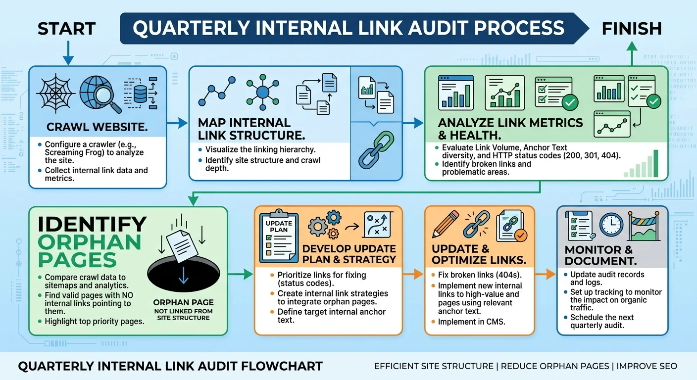 Quarterly internal link audit workflow diagram