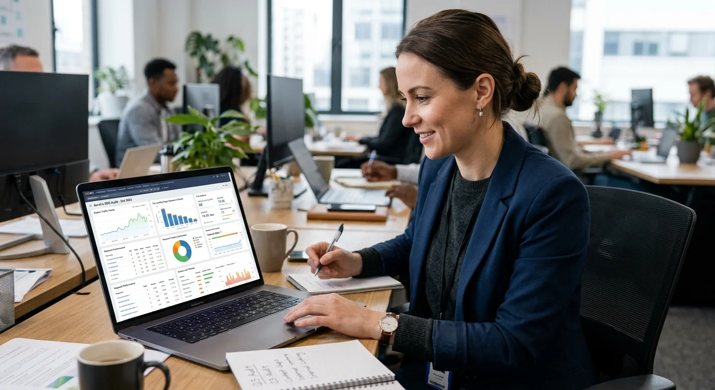 SEO professional evaluating link worthy content using analytics dashboard