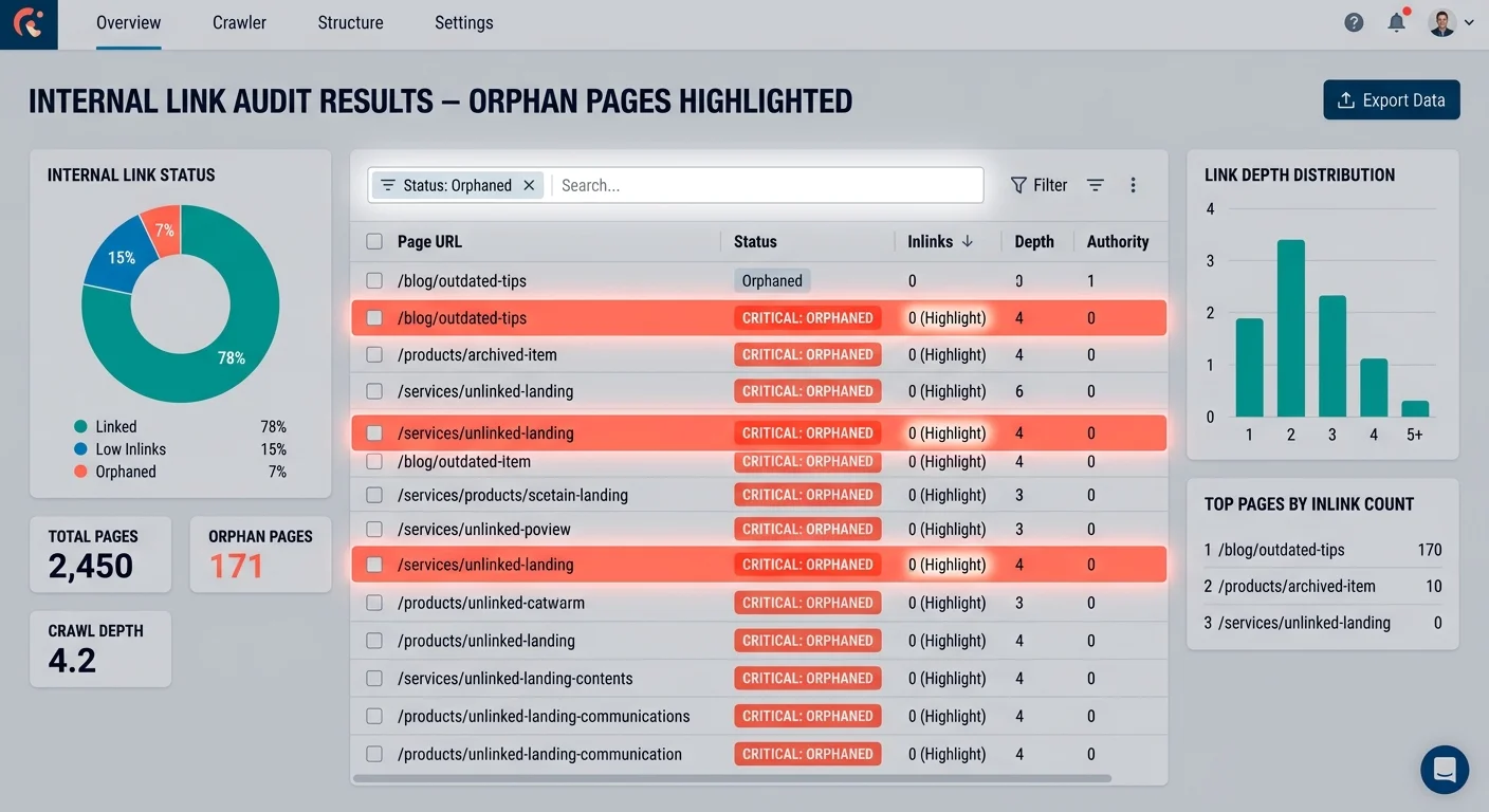 SEO link audit dashboard displaying orphan pages and internal link gaps