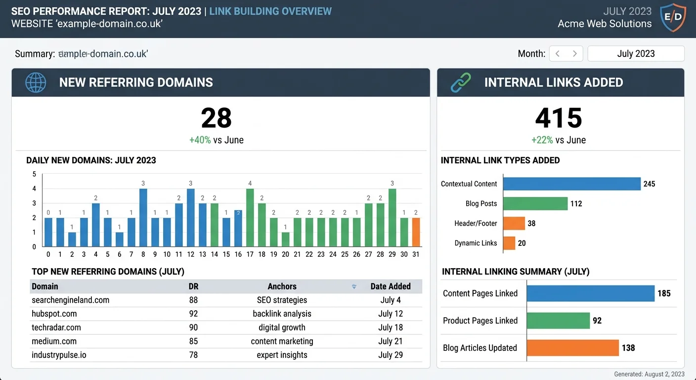 Monthly SEO link building performance report with charts